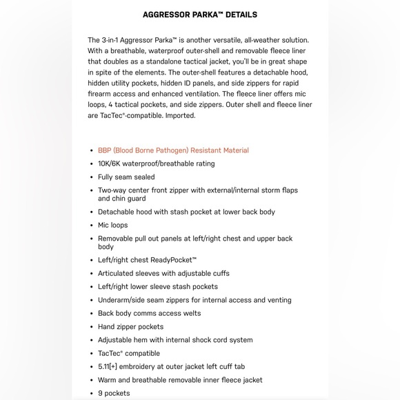 5.11 3 IN 1 SYSTEM TACTICAL AGGRESSOR PARKA NWOT ***COLOR IS ACTUALLY COYOTE *** - Picture 10 of 13